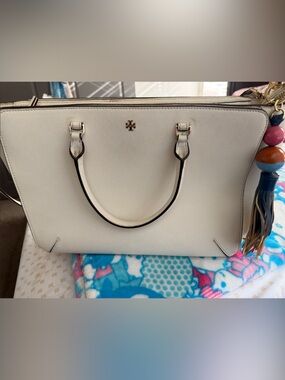 Tory Burch Cream Saffiano Leather Tote with Tassel Charm